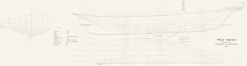 SAIL BOAT PLAN. 0'5 'Half rater', Livingston-LARGE 1891 old antique print